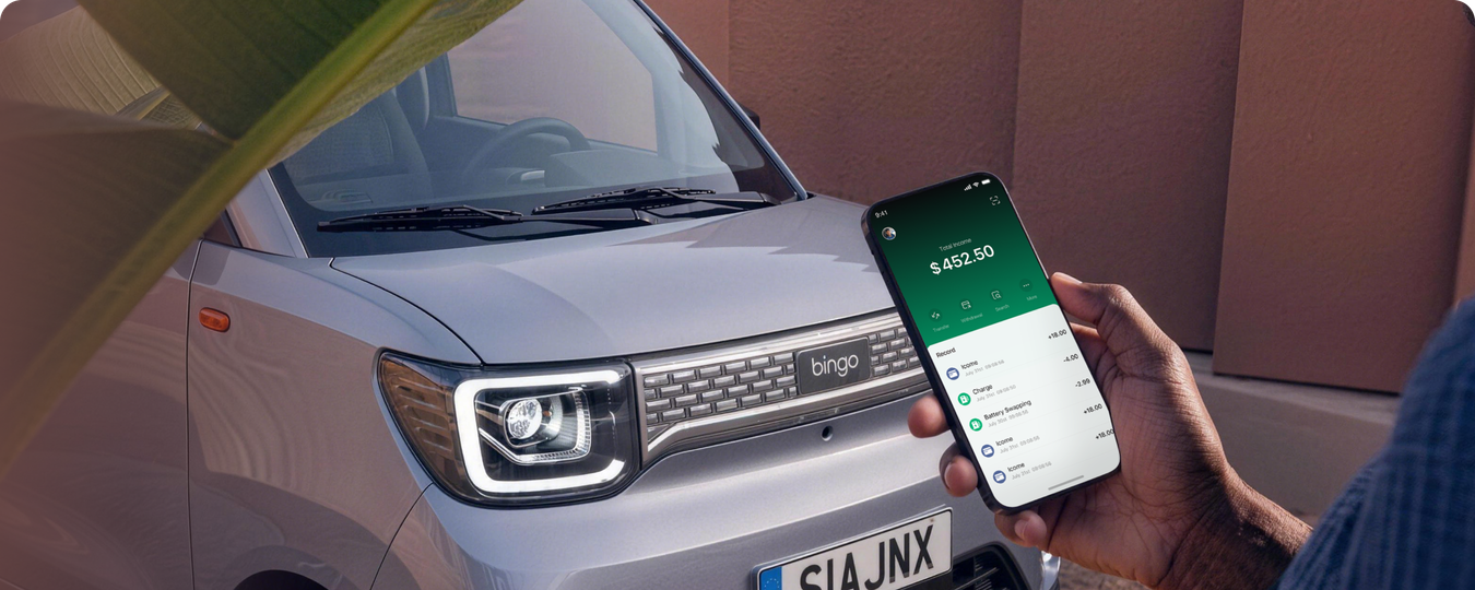 Driver checking Bingo earnings app in front of the vehicle